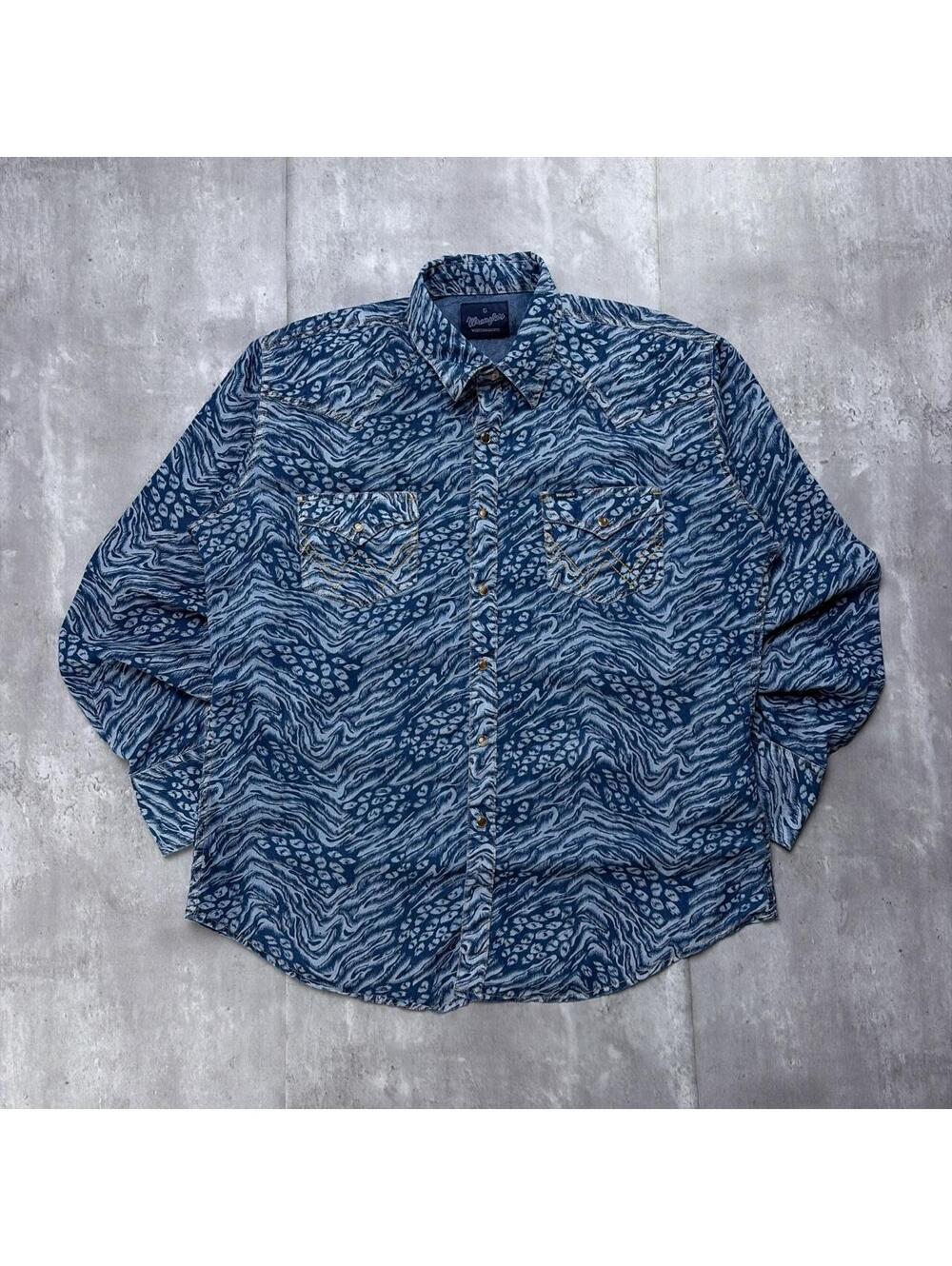 Vintage Navy Wrangler Zebra Print Western Long Sleeve Button Up Shirt